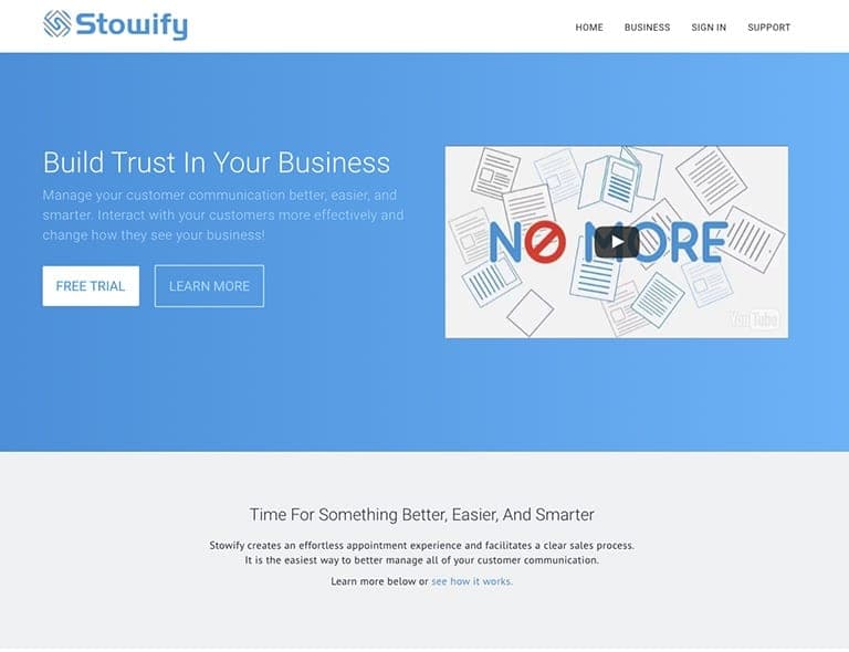 The Stowify homepage, with the headline "Build Trust In Your Business", Free Trial and Learn More buttons, and an intro video